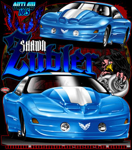 Repeat Customer Shawn Zubler comes back for his second Drag Racing T Shirts with life like rendering's of his outlaw 10.5 Trans Am now turbocharged and in screaming color