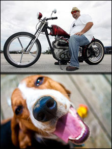 Drag Racing T-Shirt Design Artist Tyler Clark on his Triumph Chopper and his Pet Basset Hound Mable